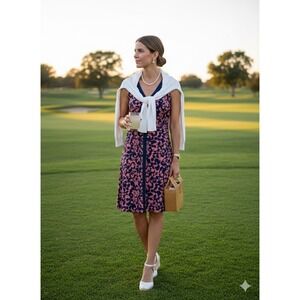 Title Nine Dress XS Navy Pink Floral Sleeveless V-Neck Hidden Pocket P19/S59